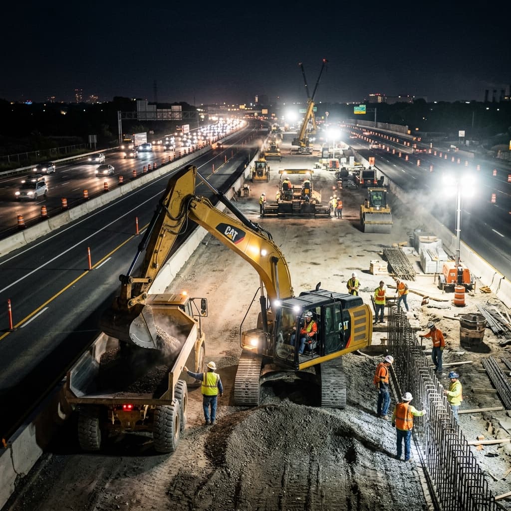 Night construction on a major highway expansion project